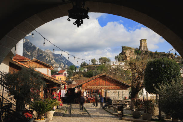 Kruja Bazaar with traditional shops and handicrafts in Kruja Albania