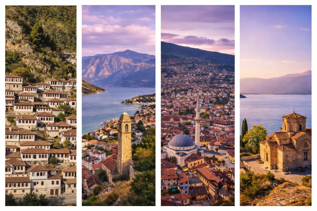 Collage of Albanian destinations including Berat houses, Ohrid lake and church, and Gjirokastër old town