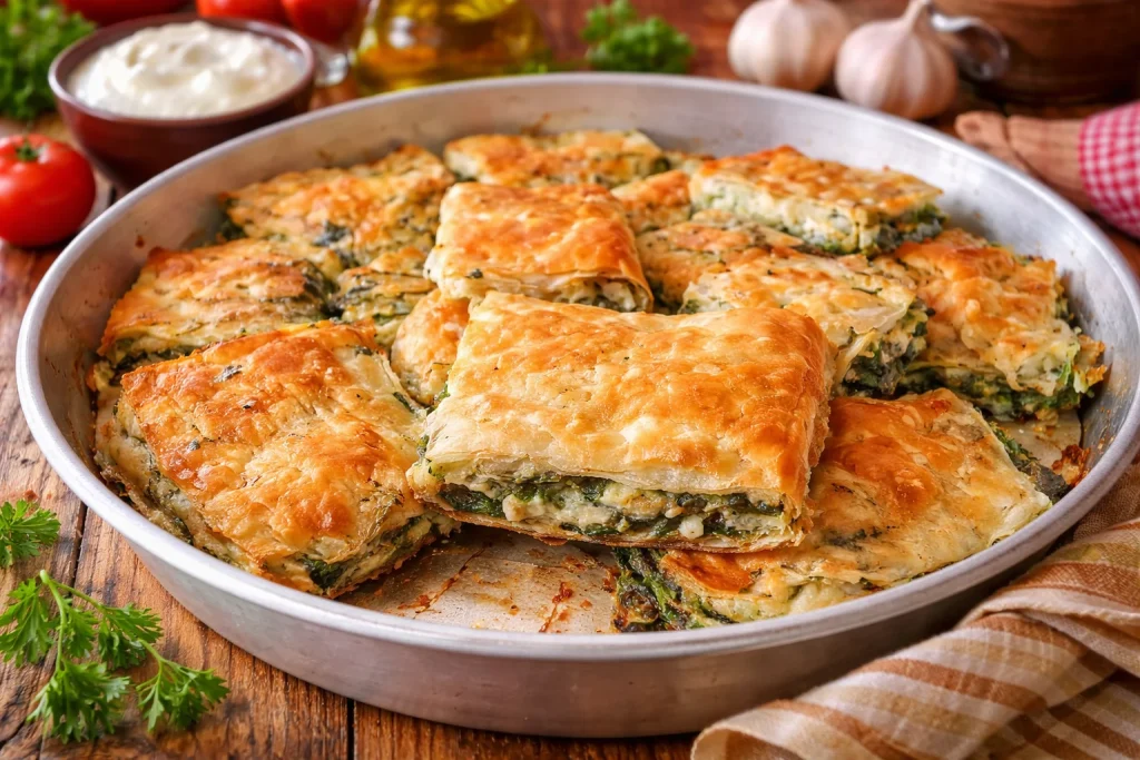 Albanian byrek pastry with spinach and cheese traditional food Tirana