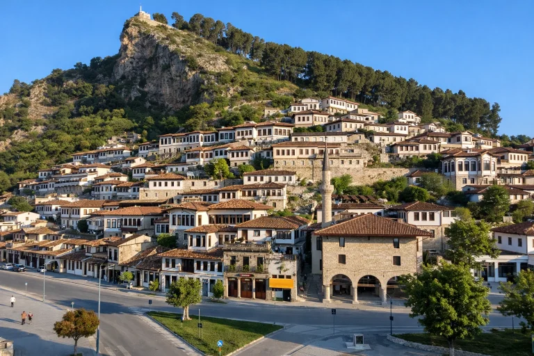 Berat old town Mangalem houses viewed from the street, part of a cultural day tour in Albania