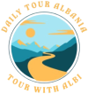 Daily Tour Albania logo with mountains, river and sun representing tours across Albania
