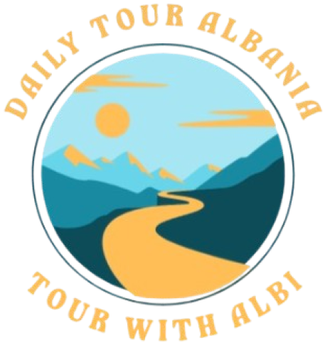 Daily Tour Albania logo with mountains, river and sun representing tours across Albania