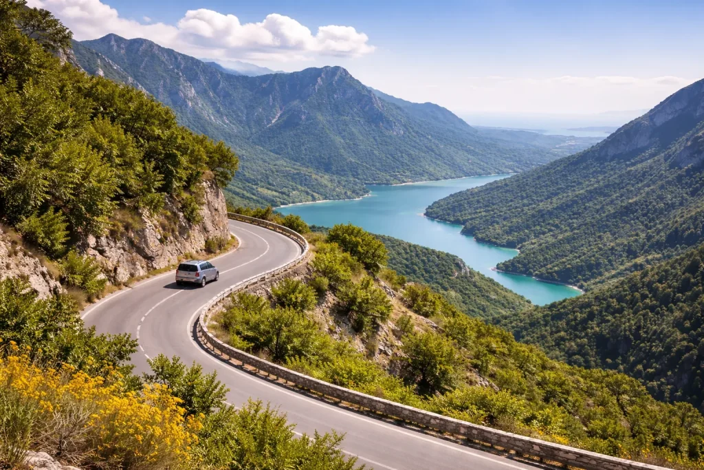 Scenic mountain road near Tirana with river valley views, ideal for day trips in Albania