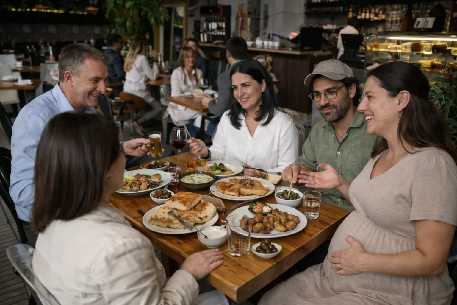 Group of travelers sharing local Albanian food and drinks in Tirana during a guided food tour